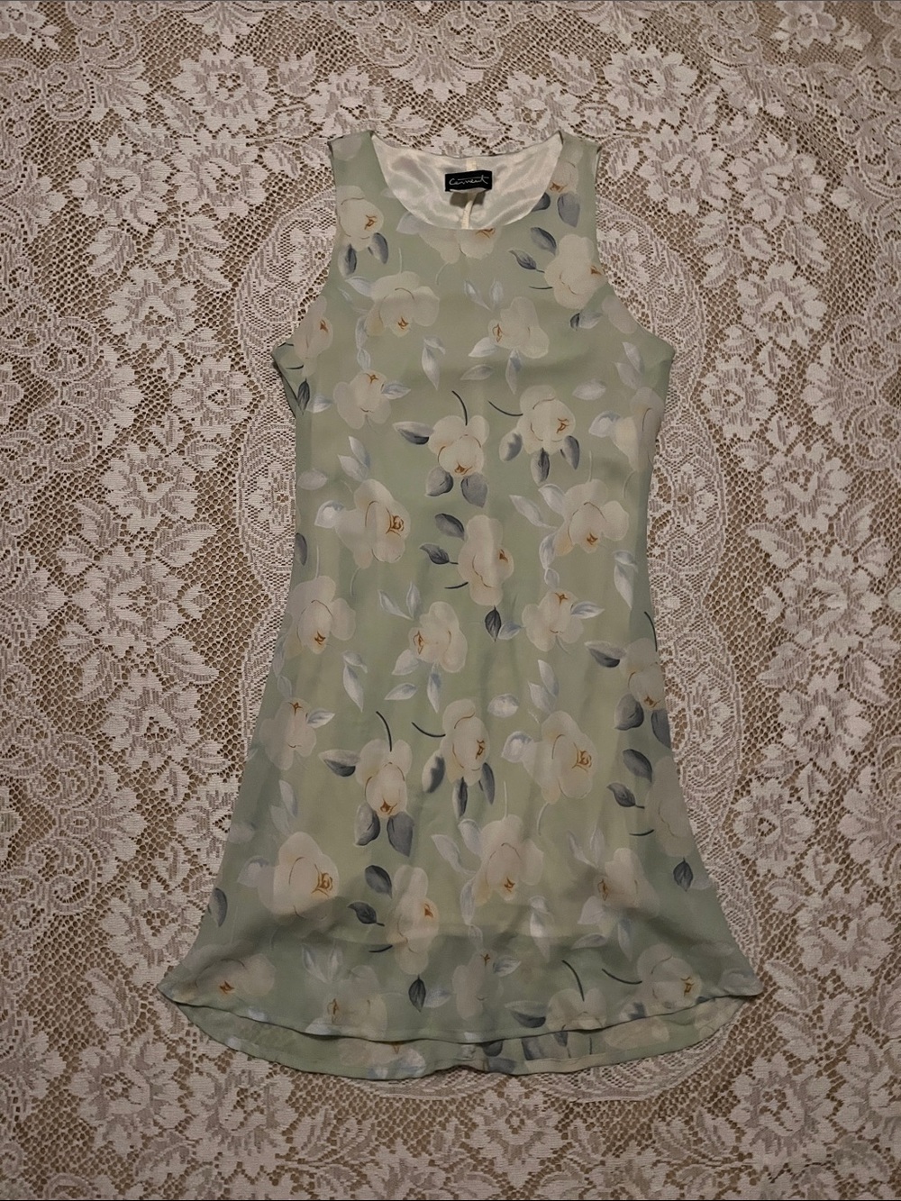 1990s Cement Floral Mini Shift Dress, Pale Yellow & Green, Size 6 - Picture 4 of 6